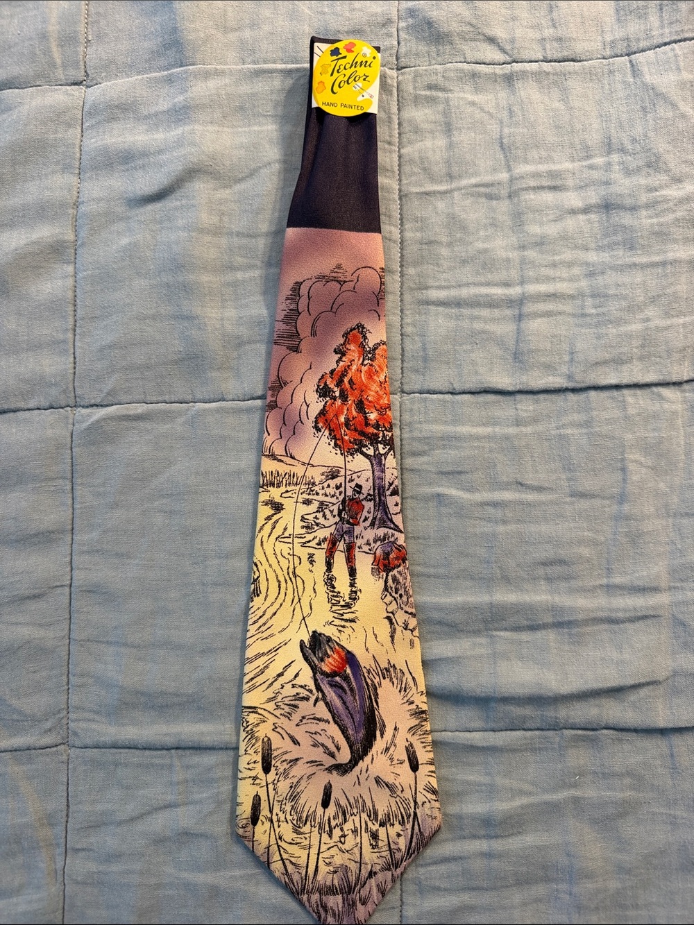 Vintage Techni Color Scenic Printed Tie with fish and fisherman